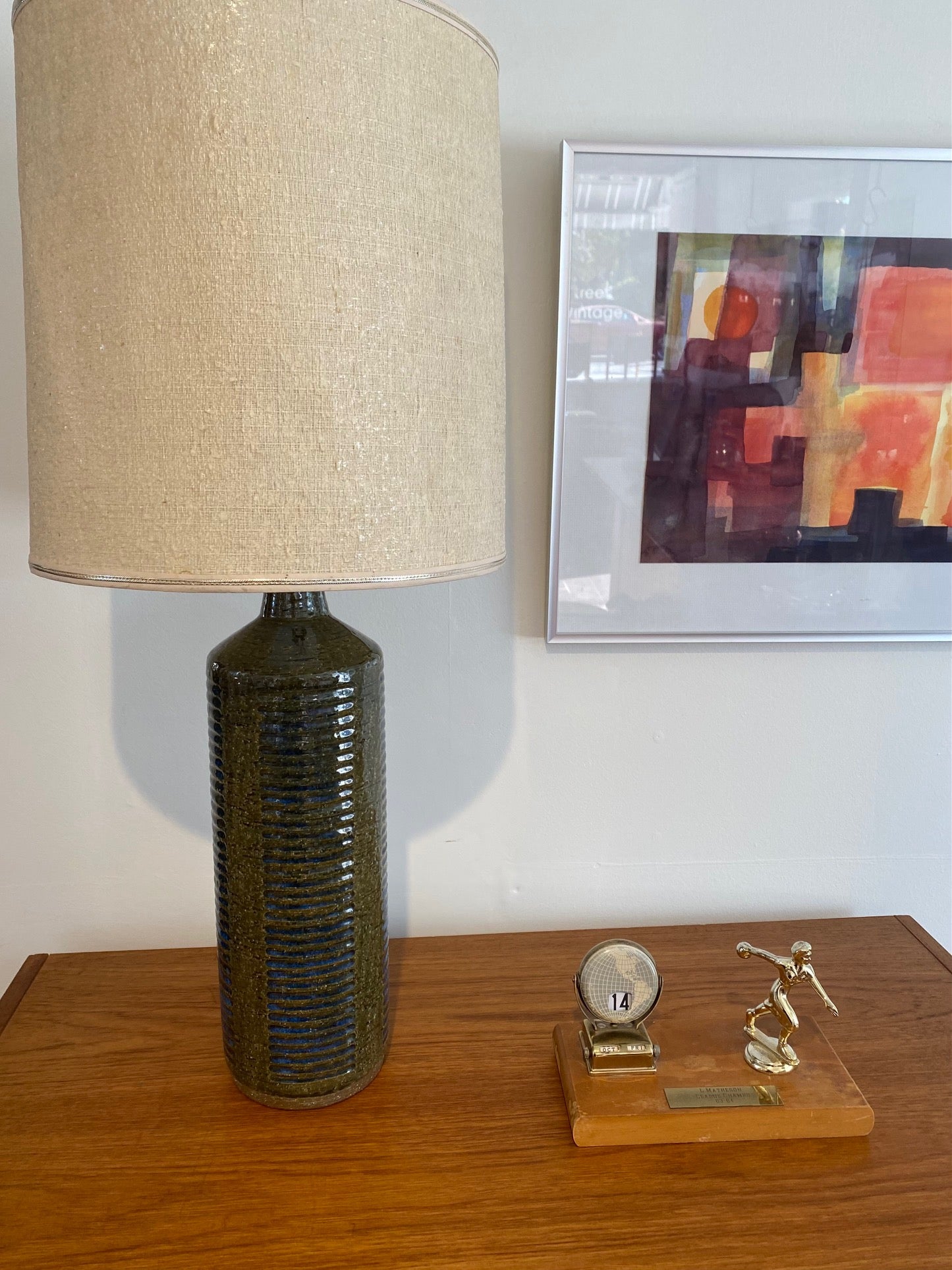 Beautiful 1960s Palshus chamotte ceramic lamp with signature geometric pattern in olive and blue glaze. Design by Per and Annalise Linnemann-Schmidt. Made in Denmark -Cook Street Vintage