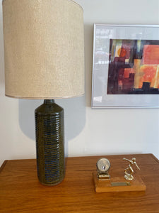 Beautiful 1960s Palshus chamotte ceramic lamp with signature geometric pattern in olive and blue glaze. Design by Per and Annalise Linnemann-Schmidt. Made in Denmark -Cook Street Vintage