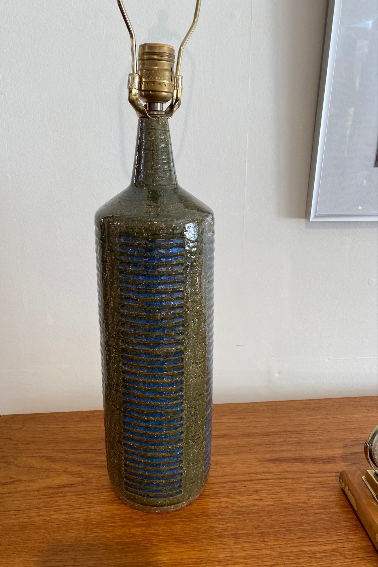 Beautiful 1960s Palshus chamotte ceramic lamp with signature geometric pattern in olive and blue glaze. Design by Per and Annalise Linnemann-Schmidt. Made in Denmark -Cook Street Vintage