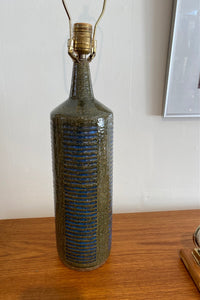 Beautiful 1960s Palshus chamotte ceramic lamp with signature geometric pattern in olive and blue glaze. Design by Per and Annalise Linnemann-Schmidt. Made in Denmark -Cook Street Vintage
