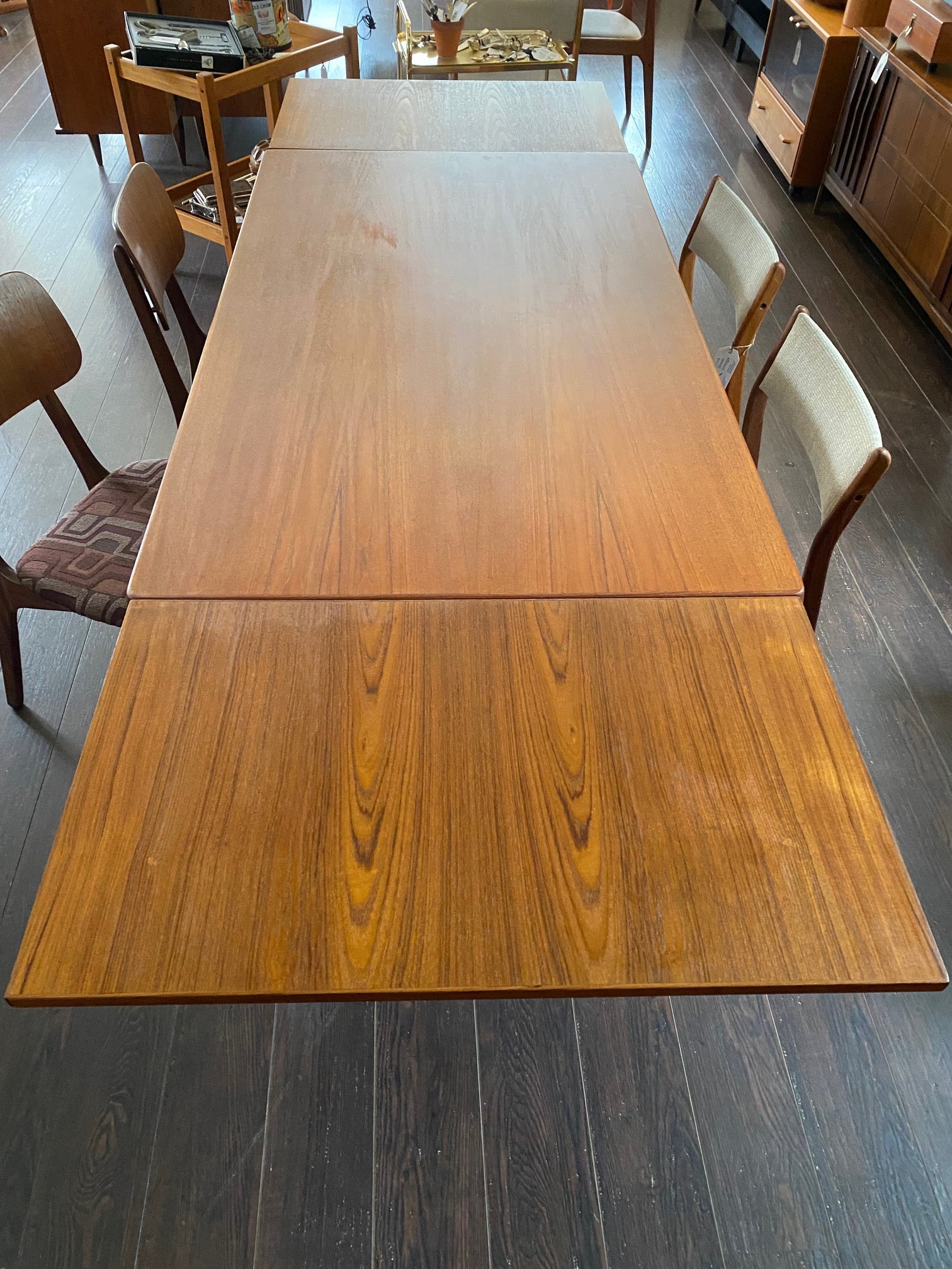 MCM Extending Teak Dining Table by Vejle Stole og  Mobelfabrik with both leaves extended- Cook Street Vintage