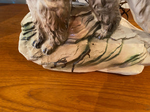 damage showing paint drip on front bottom of Fabulous 1950s porcelain afghan dog TV lamp. In great working condition. Small drip mark on front. See images. Manufactured by Lane & Co. Van Nuys, CA- Cook Street Vintage