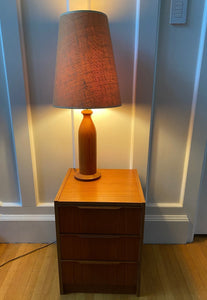 1960s turned tea table lamp with burlap shade- Cook Street Vintage