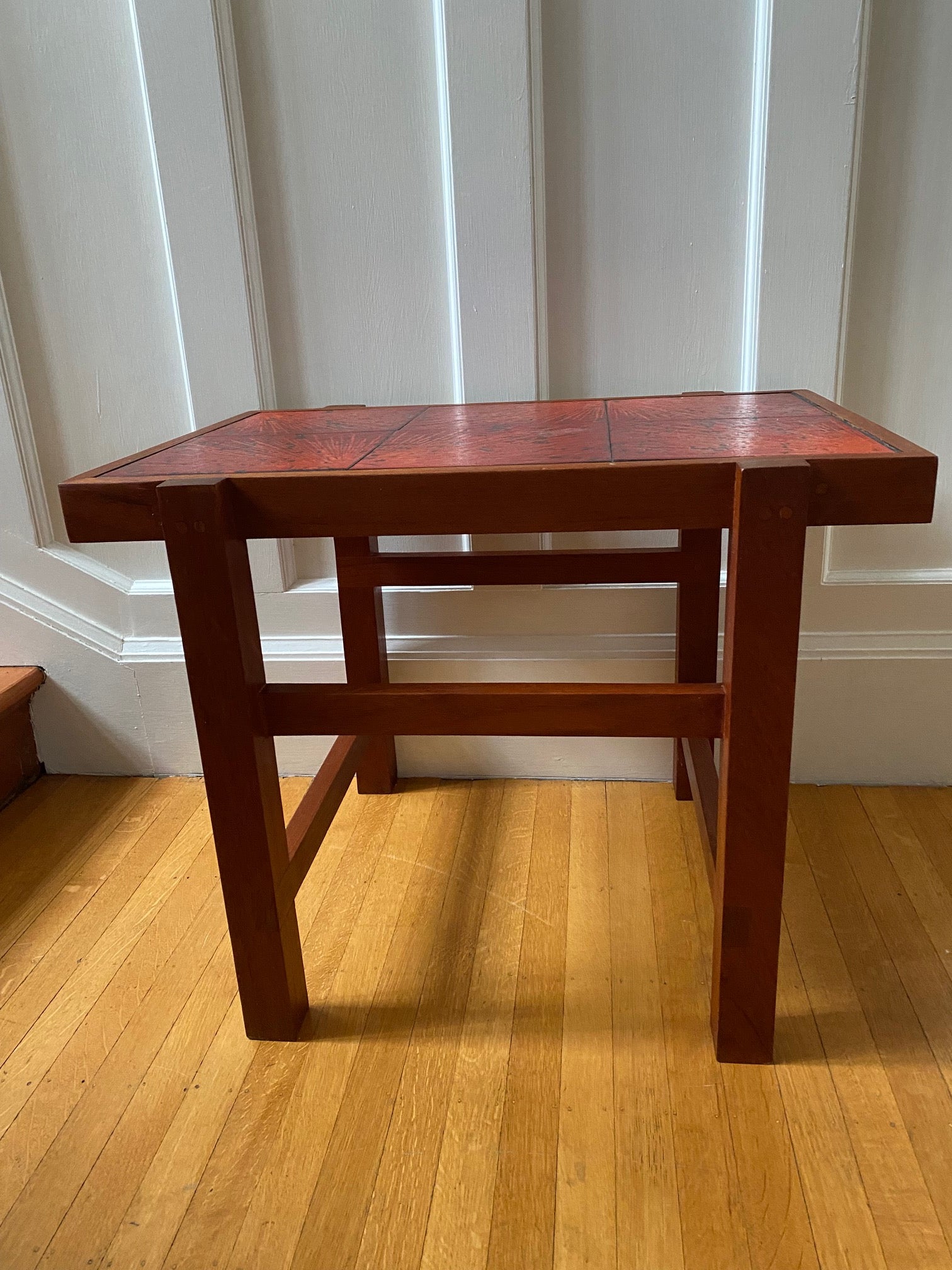 MCM End Table with Red Ceramic Tile Inserts