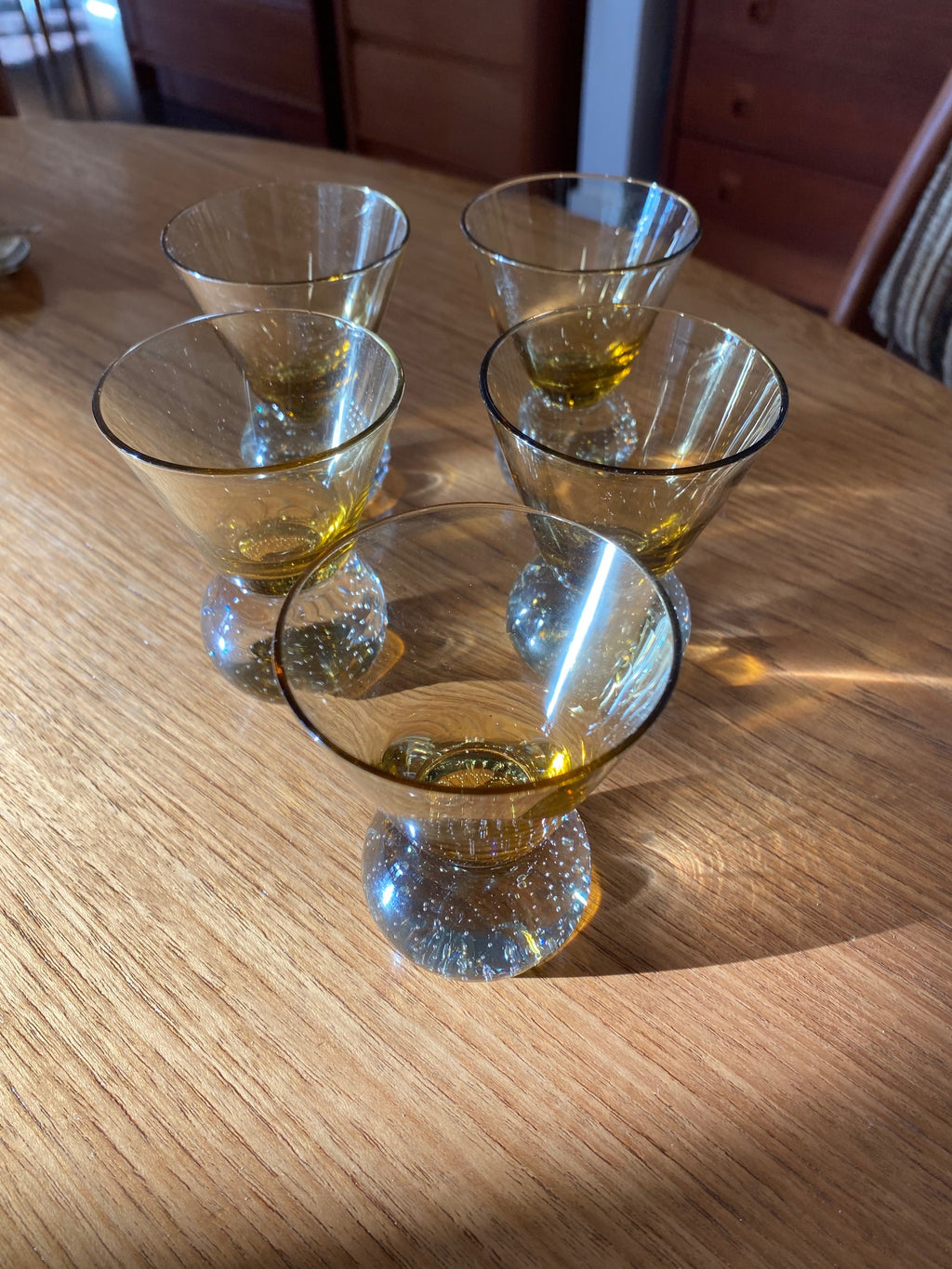 Set of 5 MCM amber liqueur bubble glasses- Cook Street Vintage