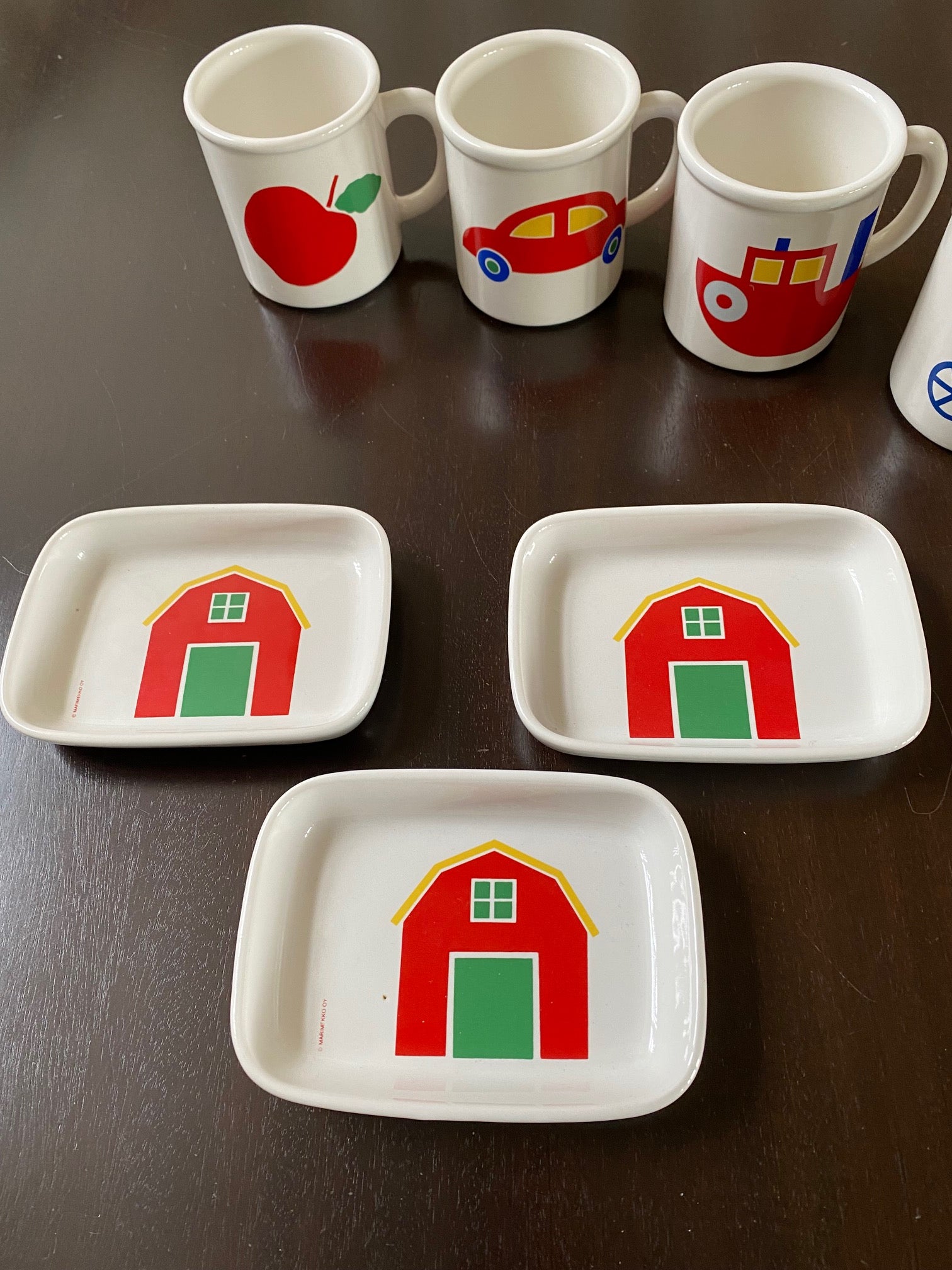 Pfaltzgraff Children's Snack Plates/Dishes by Marimekko for American Airlines with house motif shown with Marimekko mugs- Cook Street Vintage