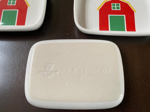 reverse side of Pfaltzgraff Children's Snack Plates/Dishes by Marimekko for American Airlines- with bright red house, yellow roof and green door Cook Street Vintage