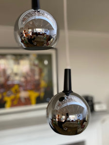 Stunning modern mid-century mirror chrome globe light fixture with two pendants- Cook Street Vintage