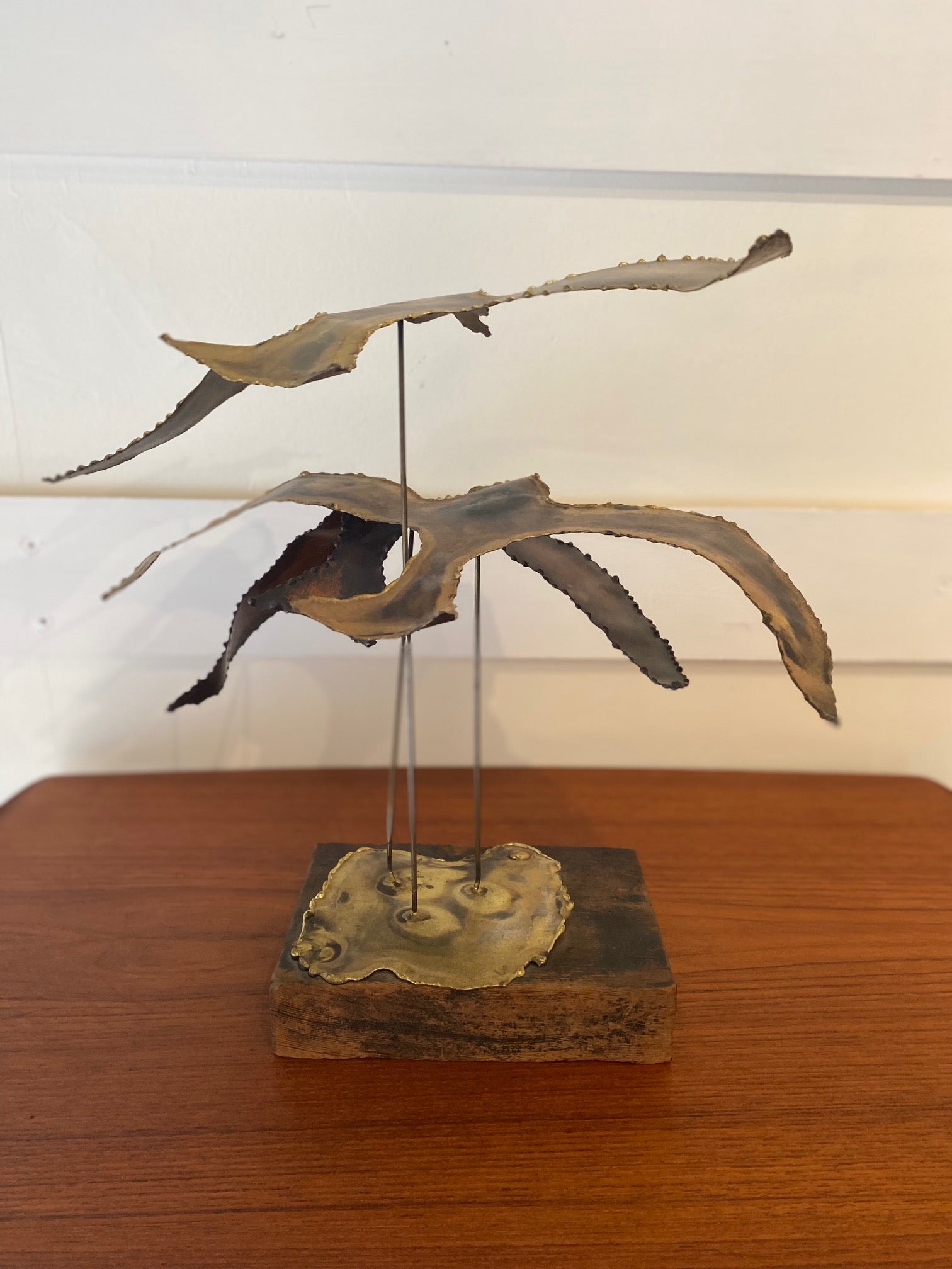 Brutalist Metal Seagulls on Wood Base- Cook Street Vintage