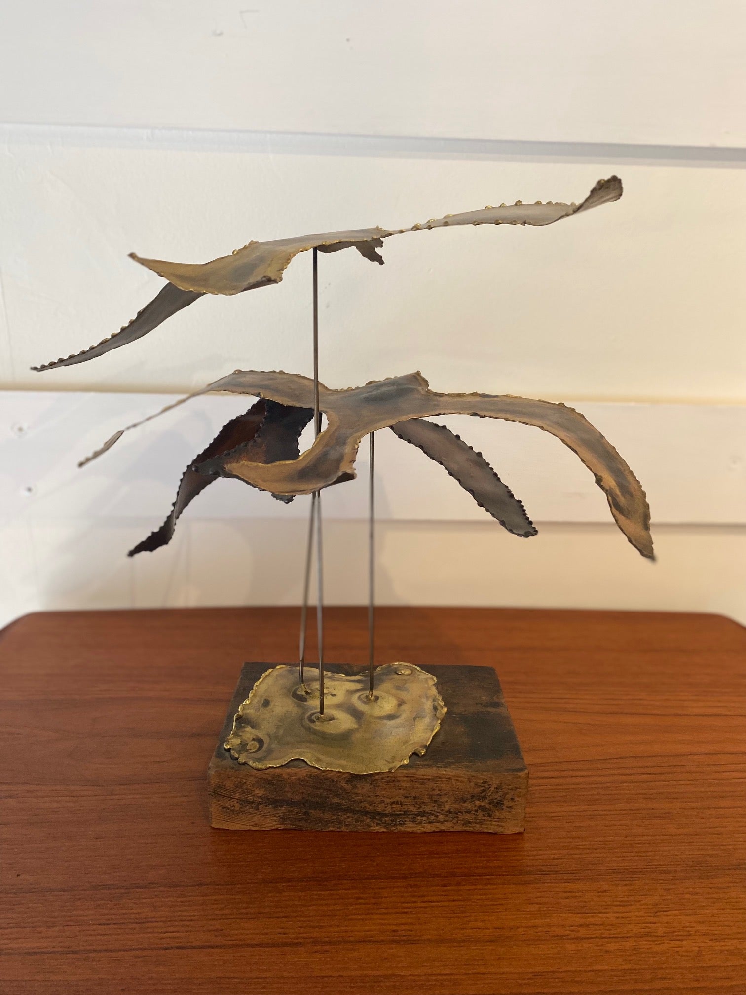 Brutalist Metal Seagulls on Wood Base- Cook Street Vintage