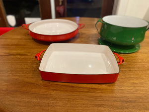 three Dansk Kobenstyle casseroles in red and green- Cook Street Vintage