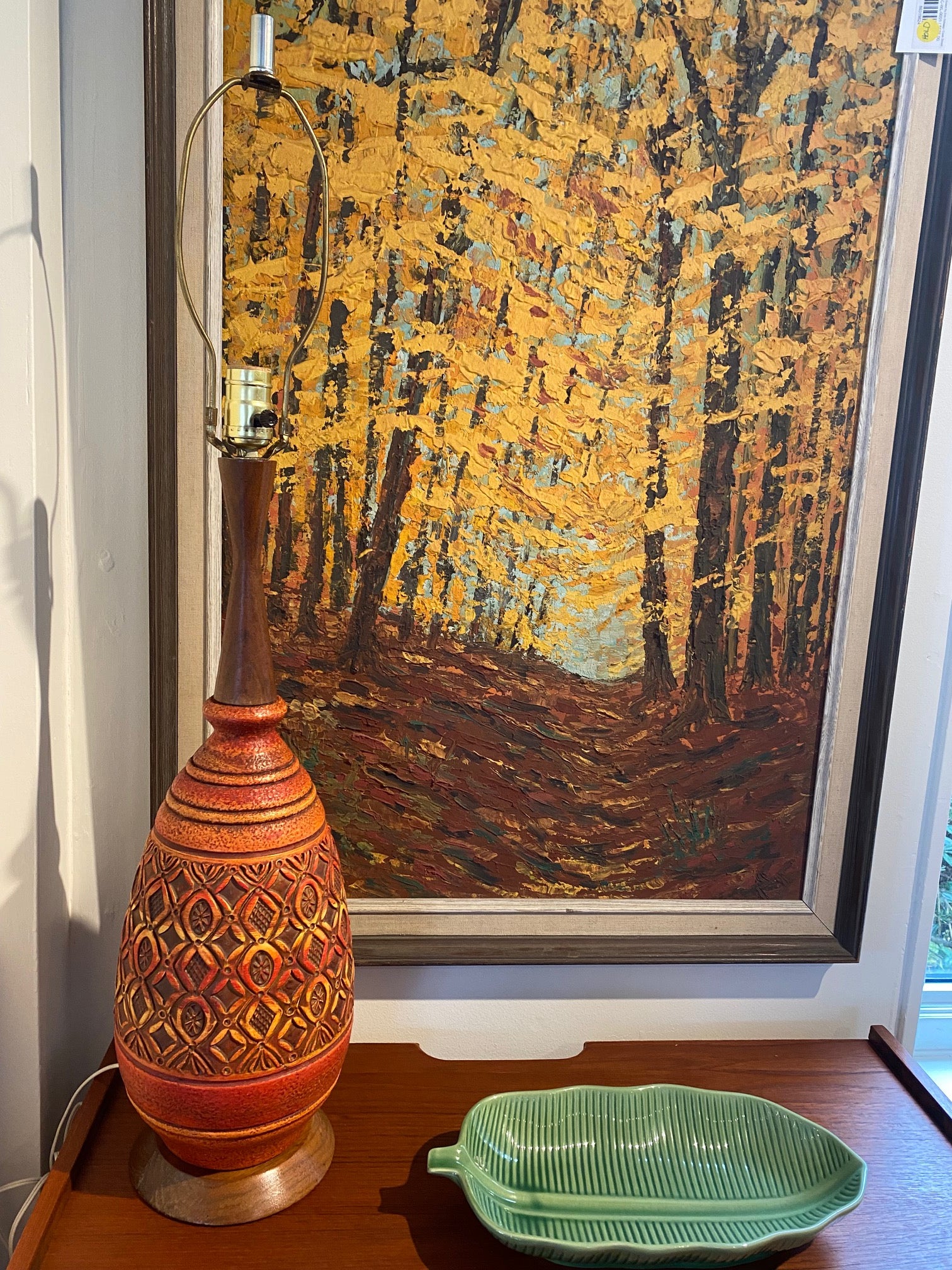 Absolutely stunning brunt orange mid-century ceramic table lamp with classic MCM geometric patterns, teak neck and base- Cook Street Vintage