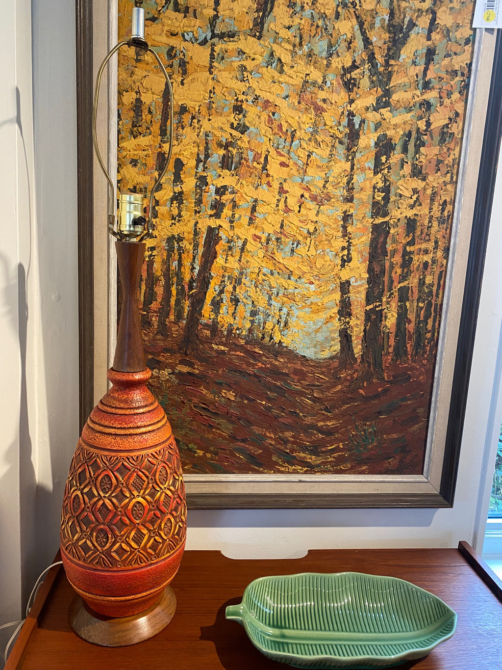 Absolutely stunning brunt orange mid-century ceramic table lamp with classic MCM geometric patterns, teak neck and base- Cook Street Vintage