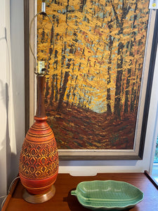 Absolutely stunning brunt orange mid-century ceramic table lamp with classic MCM geometric patterns, teak neck and base- Cook Street Vintage