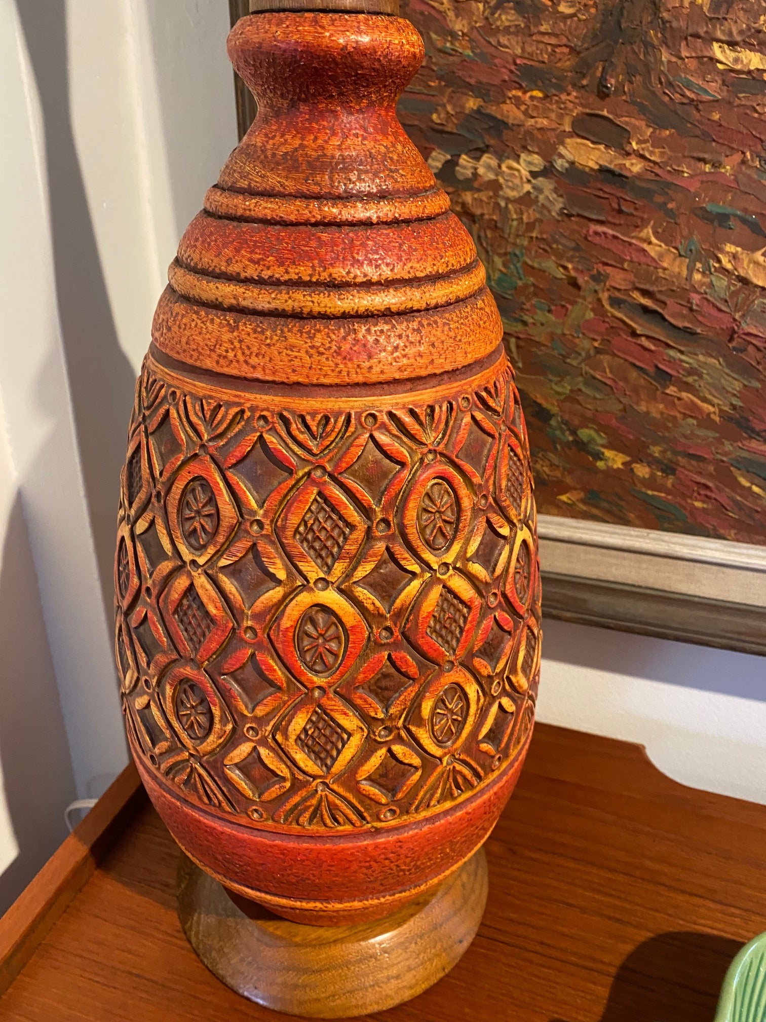 Tall MCM Ceramic Table Lamp with Teak Neck