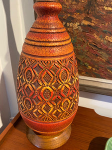 Absolutely stunning brunt orange mid-century ceramic table lamp with classic MCM geometric patterns, teak neck and base- Cook Street Vintage