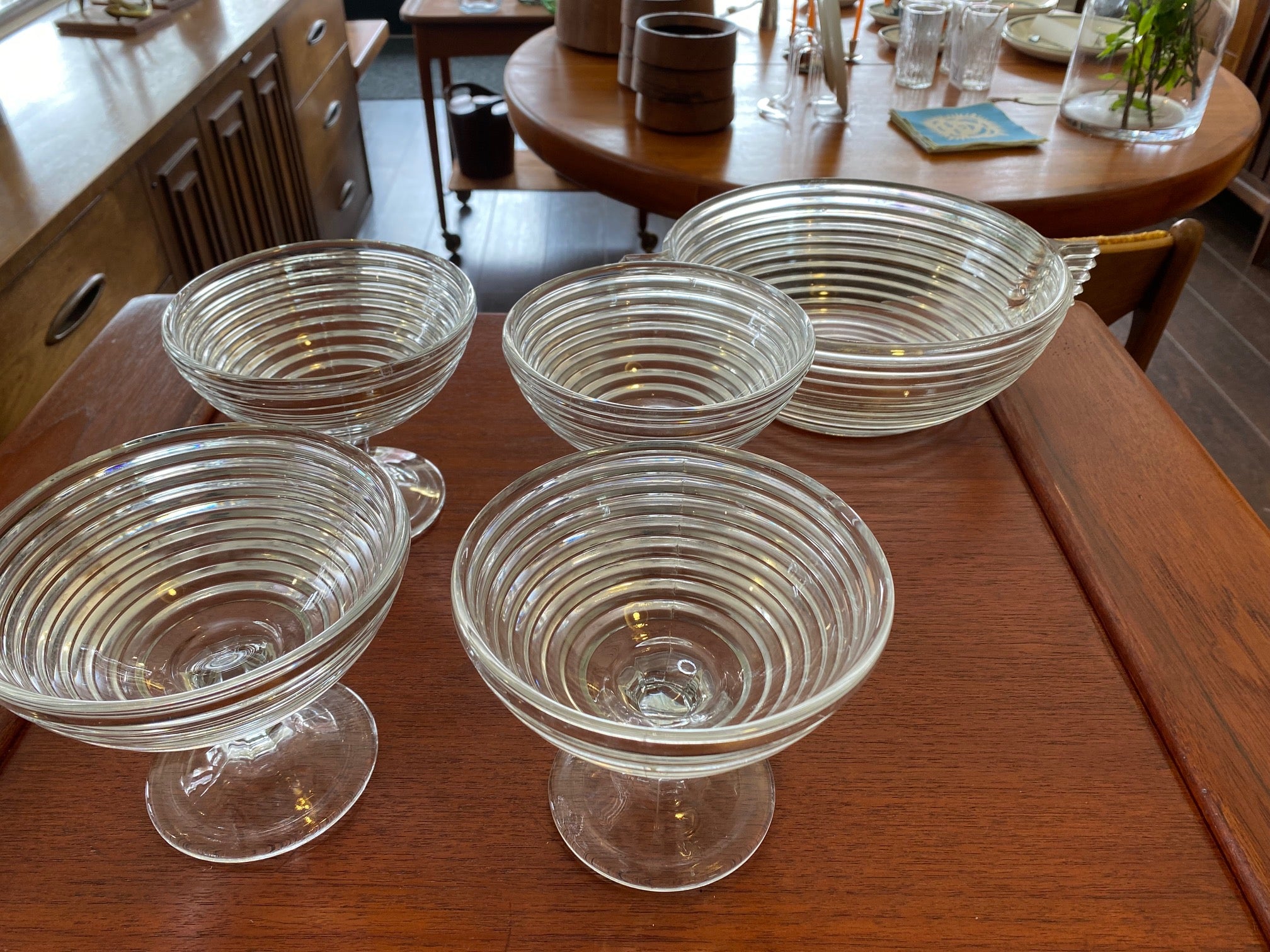Anchor Hocking Manhattan Art Deco Glass Bowl with 4 stemmed dessert dishes- Cook Street Vintage