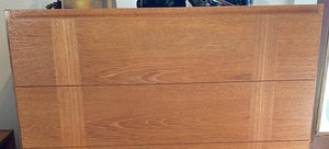 Gorgeous five drawer teak dresser with inset vertical cross grain detail. Side handles for easy opening and safety runners to prevent drawers from opening too far. Made in Canada by RS Associates- Cook Street Vintage