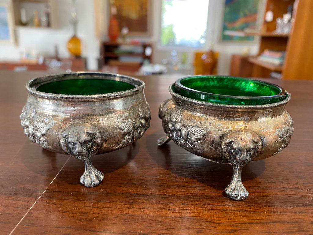 Silver Claw Foot Salt Cellars with Green Emerald Glass Inserts- Cook Street Vintage