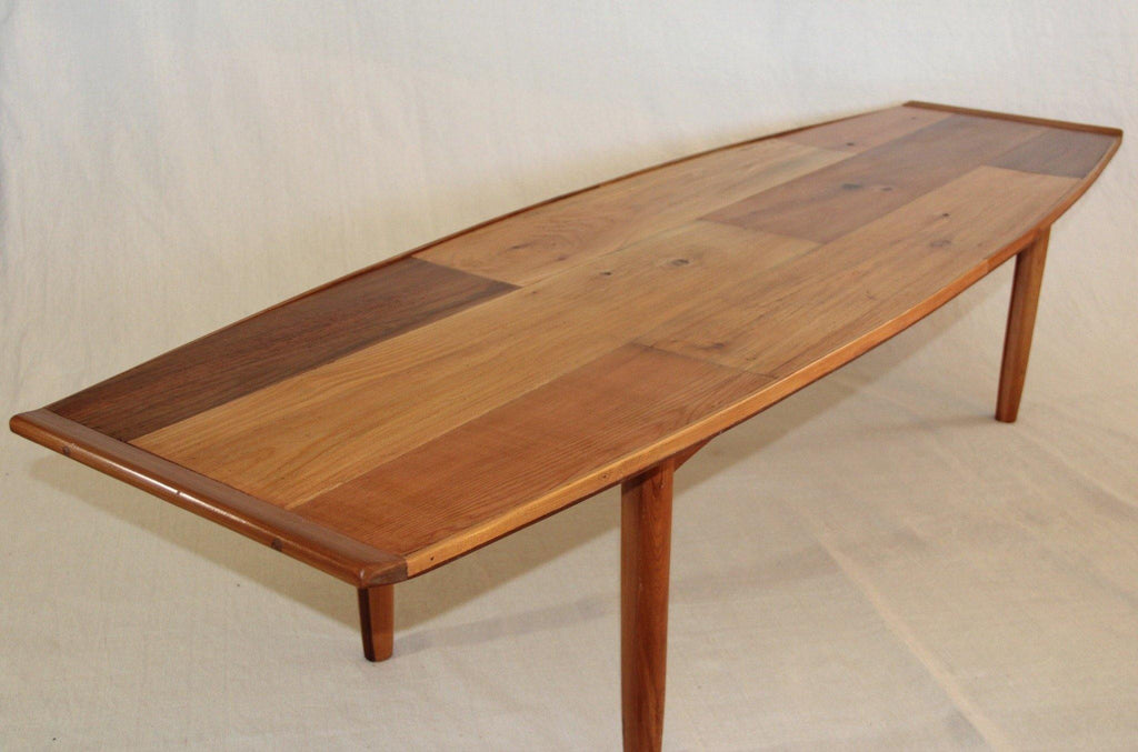 Reclaimed cedar surfboard style coffee table with turned cedar legs - Cook Street Vintage