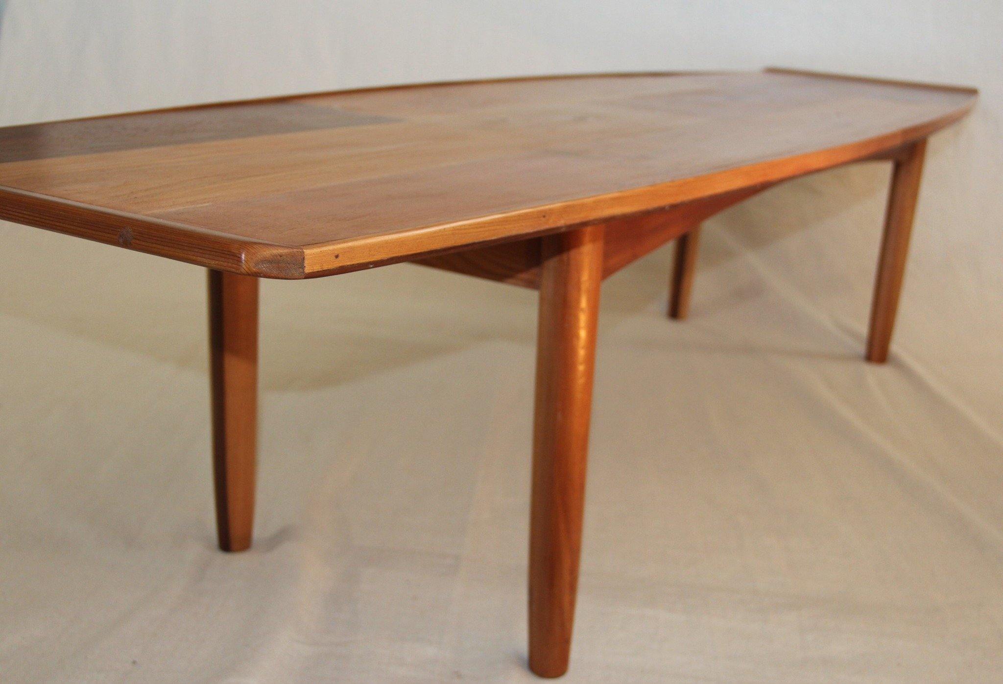 Side view of reclaimed cedar surfboard style coffee table- Cook Street Vintage