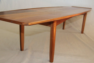 Side view of reclaimed cedar surfboard style coffee table- Cook Street Vintage