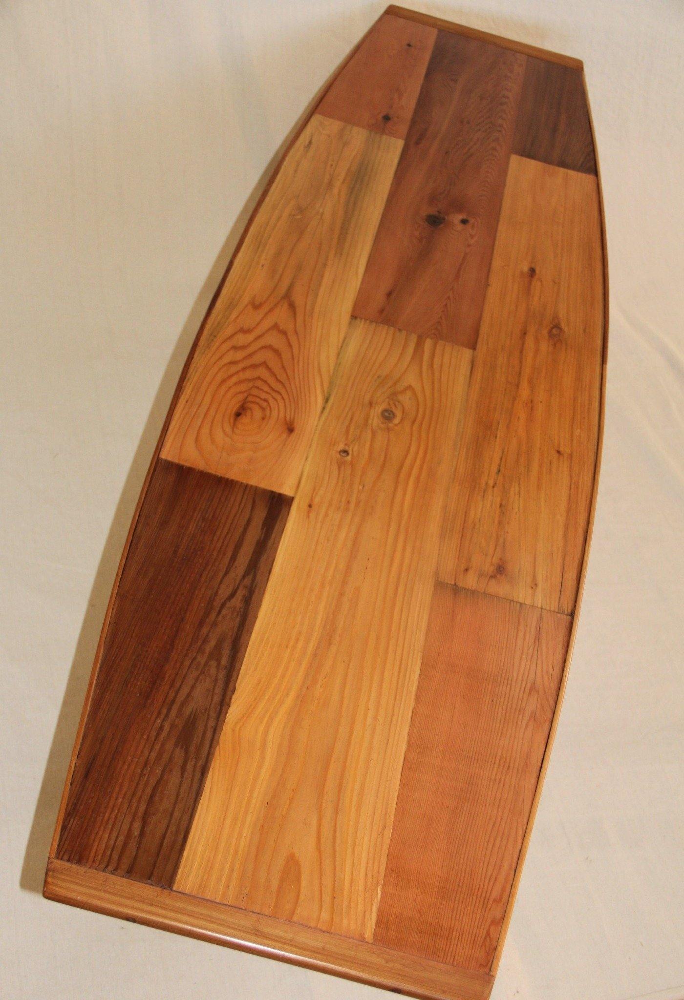 Birds eye view showcaisng reclaimed cedar of Surfboard style coffee table- Cook Street Vintage