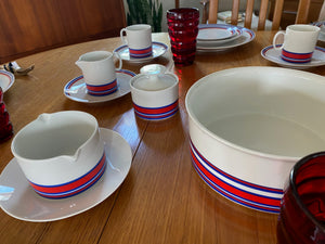 Vintage Thomas White, Red and Blue China gravy baot, cream and sugar and open serving bowl- Cook Street Vintage