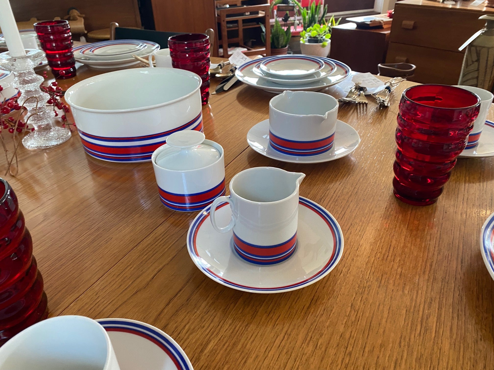 Vintage Thomas White, Red and Blue China For 12 with ruby red glasses- Cook Street Vintage