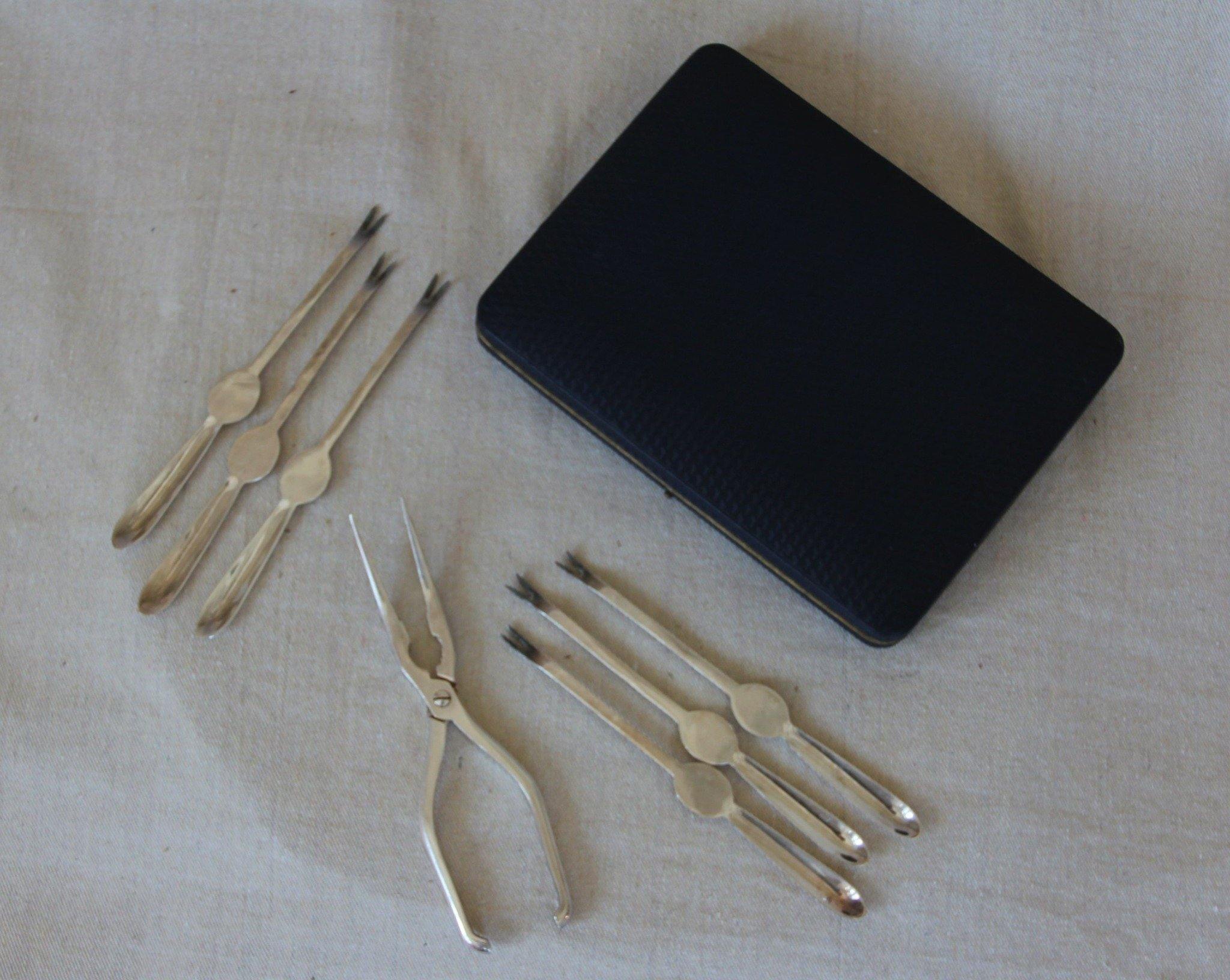 set of 6 sterling silver shellfish forks with shell cracker with original case - Cook Street Vintage