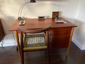 Pair of John Vogel S African Nguni Chair with teak desk and Georg Jensen "Wave" desk accessories- Cook Street Vintage