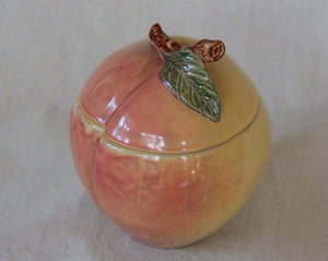 Block Molde Peach cookie Jar front view with branch ad leaf detail on lid- Cook Street Vintage