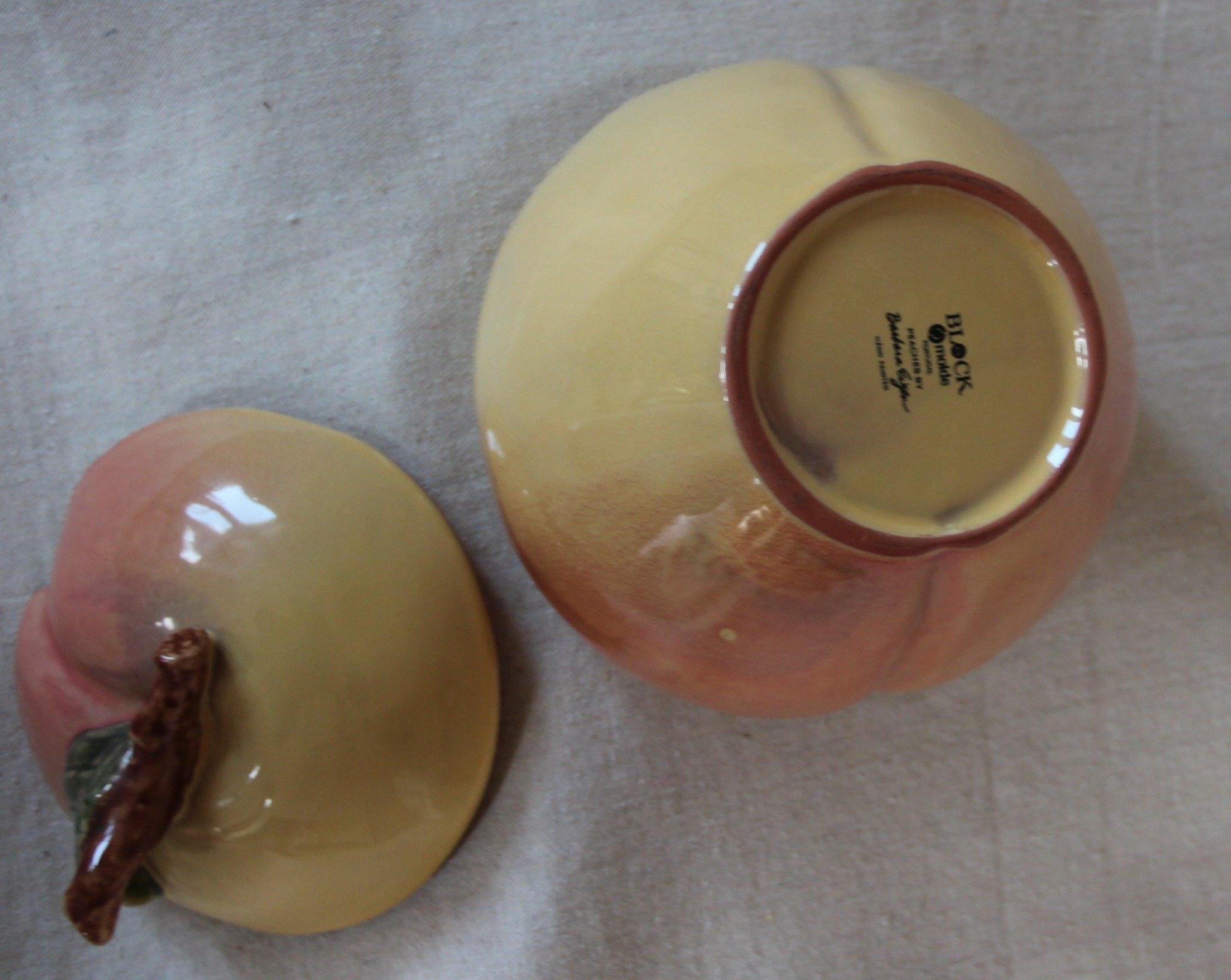 Peach Cookie Jar lid and reverse bottom showing Block Molde signature- Cook Street Vintage