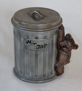 Cookie Jar of trash can with brown bear on side of can- Cook Street Vintage