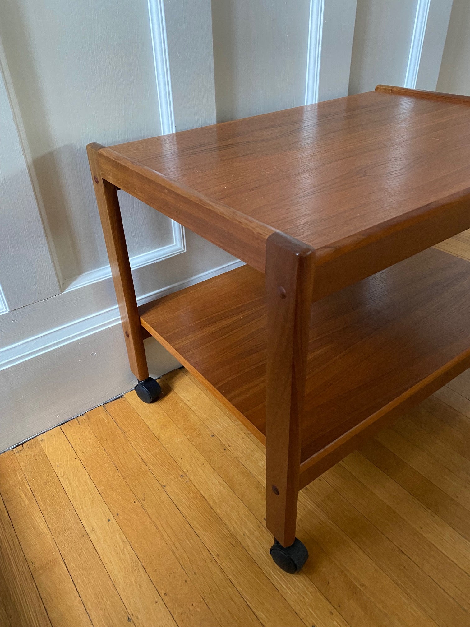 side view of Teak Cart with casters by Furbo Spøttrup- Cook Street Vintage