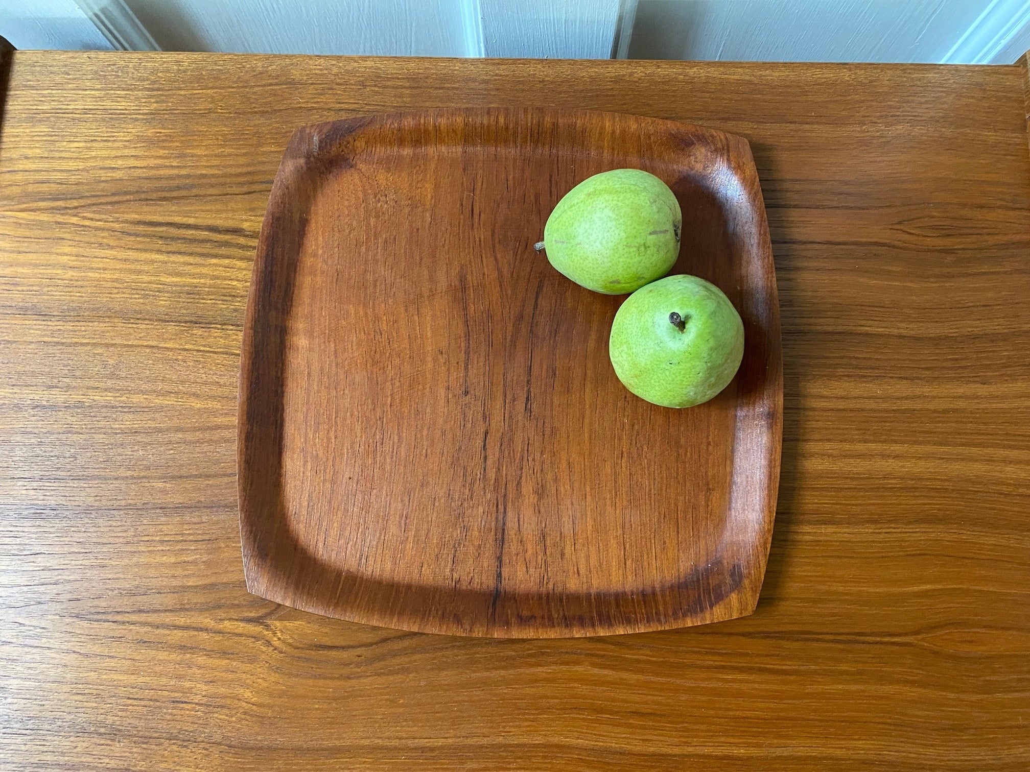 Square Vintage Molded Teak Tray with two pears- Cook Street Vintage