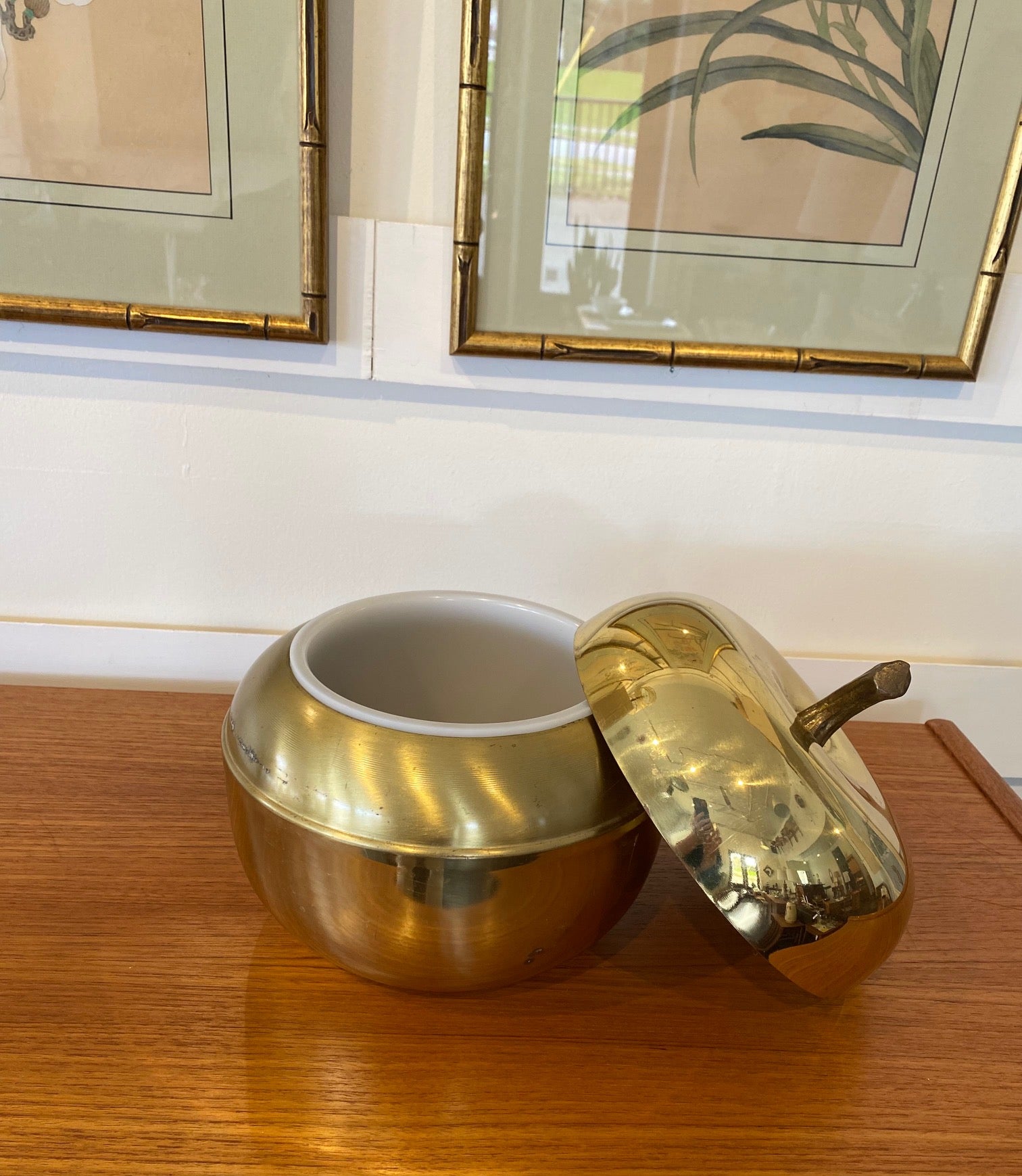 MCM Gold Apple vintage Champagne & Ice Bucket with  lid off- Cook Street Vintage