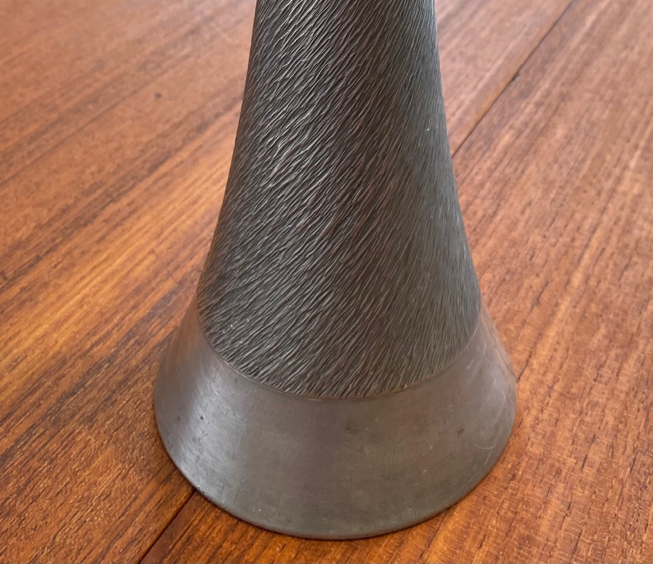 Detail of etched metal on base of Jorgen Jensen Danish Pewter Candle Holder- Cook Street Vintage