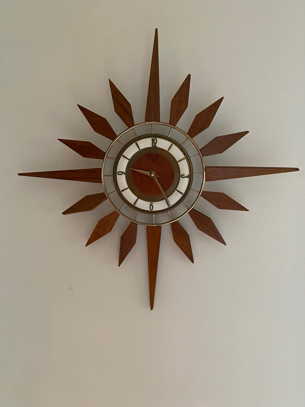 Vintage Teak and Brass Starburst Wall Clock- Cook Street Vintage