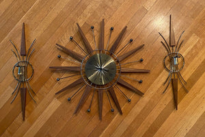 Vintage Westclox Teak Starburst Wall Clock with Matching Sconces- Cook Street Vintage