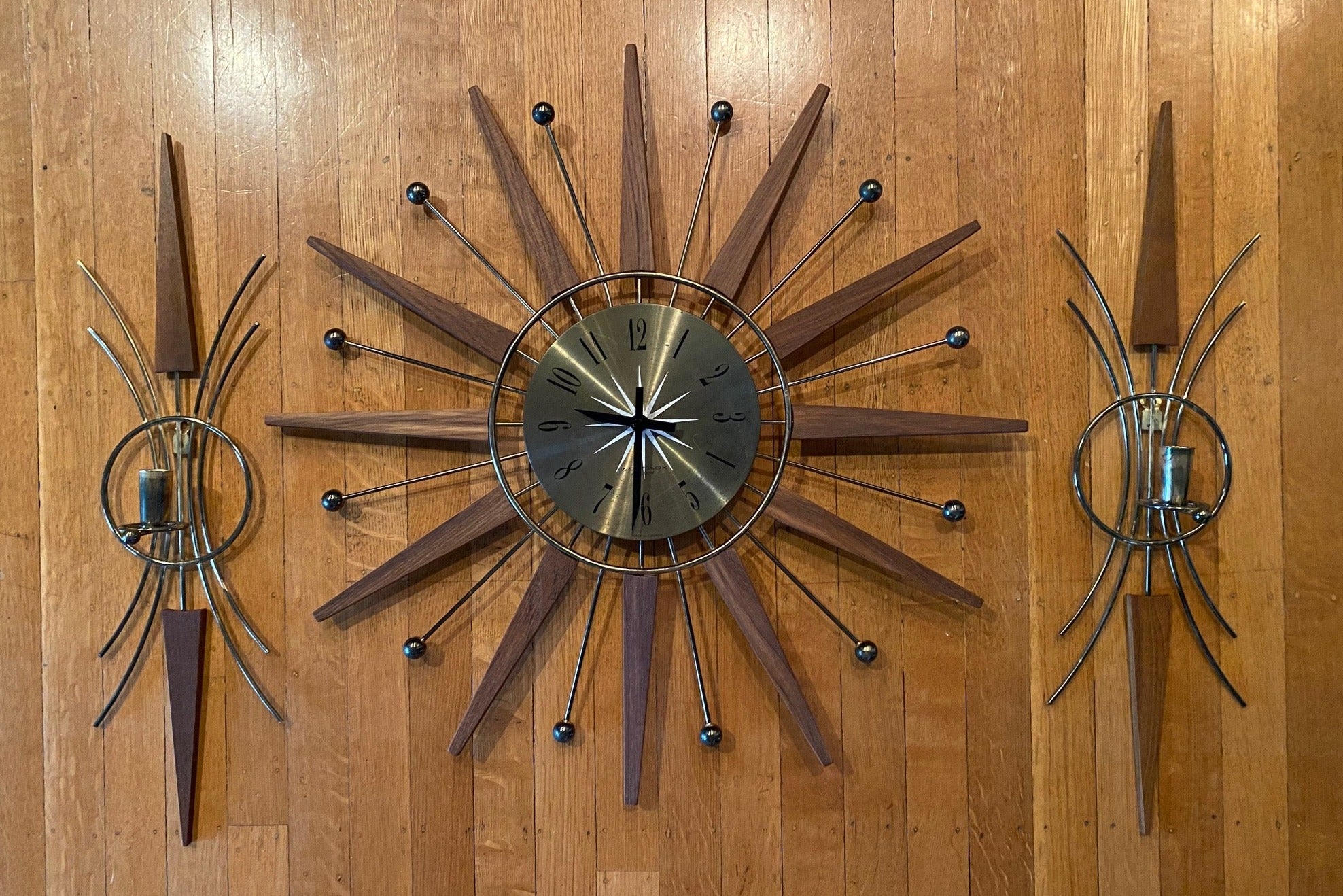 Vintage Westclox Teak Starburst Wall Clock with Matching Sconces- Cook Street Vintage