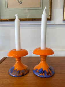 Czechoslovakian Mushroom-shaped Orange Spatter Glass Candleholders- Cook Street Vintage