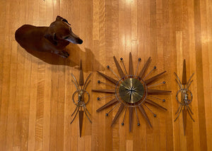 Vintage Westclox Teak Starburst Wall Clock with Matching Sconces- Cook Street Vintage