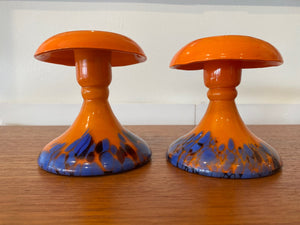 Czechoslovakian Mushroom-shaped Orange Spatter Glass Candleholders- Cook Street Vintage