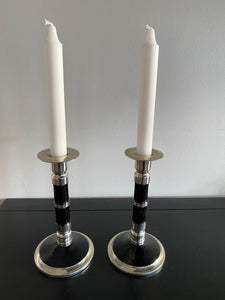 Pair of Art Deco Chrome & Enamel Puiforcat -like Candlesticks- Cook Street Vintage