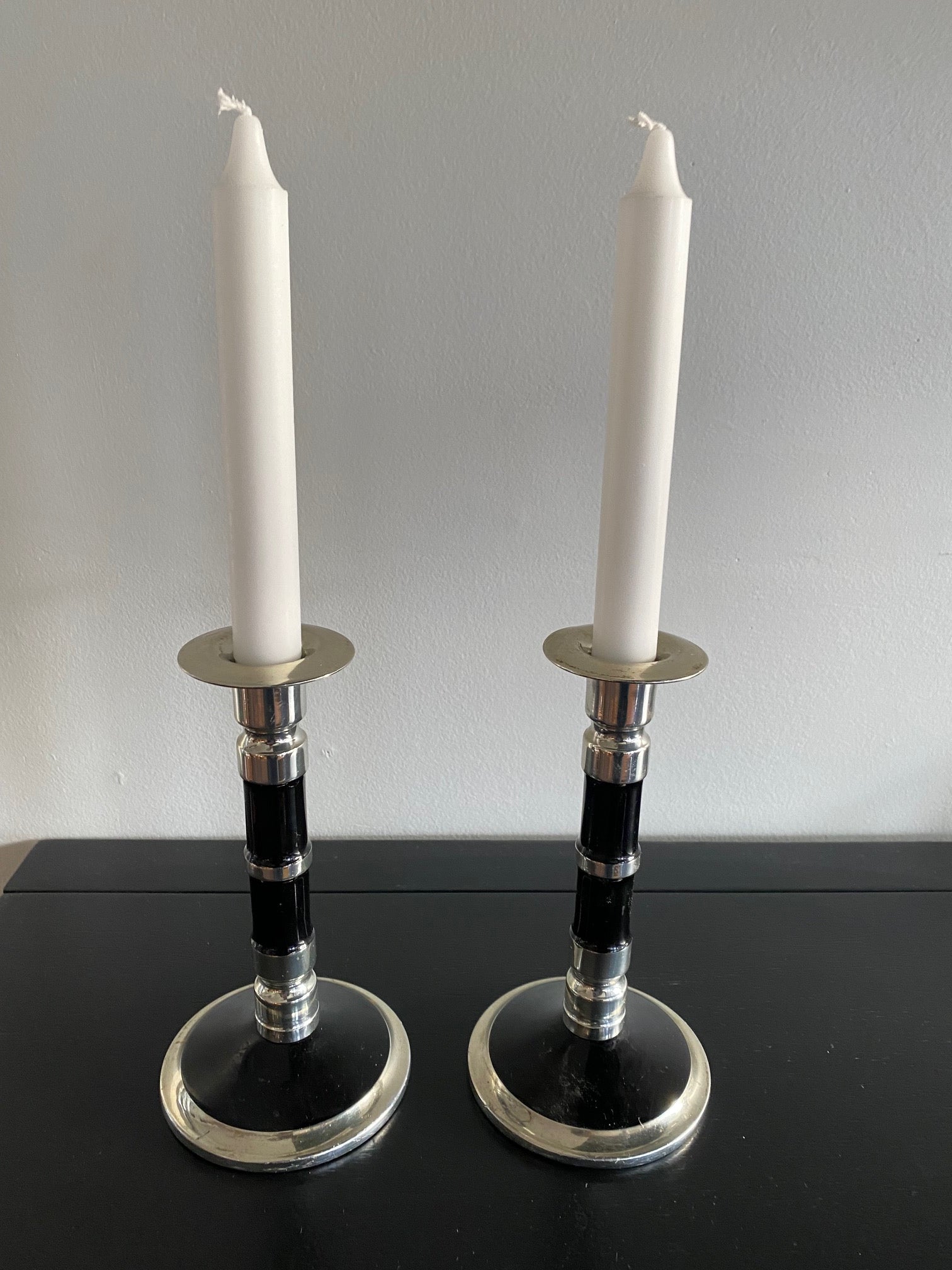 Pair of Art Deco Chrome & Enamel Puiforcat -like Candlesticks- Cook Street Vintage