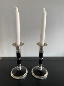 Pair of Art Deco Chrome & Enamel Puiforcat -like Candlesticks- Cook Street Vintage