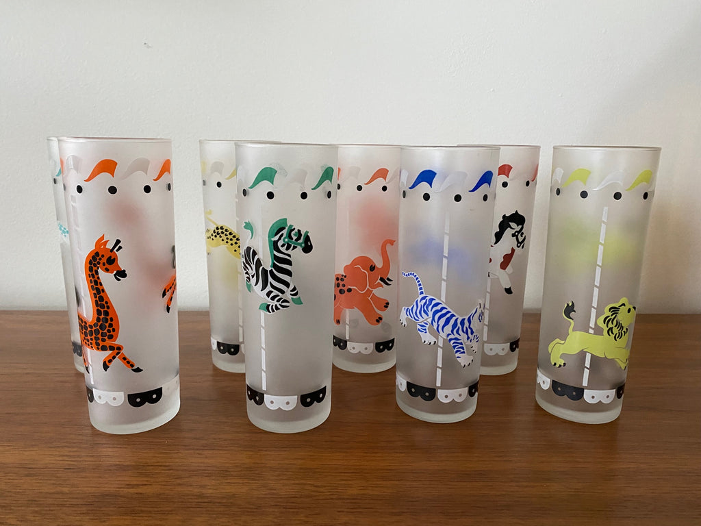 Complete set of 8 vintage Libbey Frosted Carousel Carnival theme Highball - Cook Street Vintage
