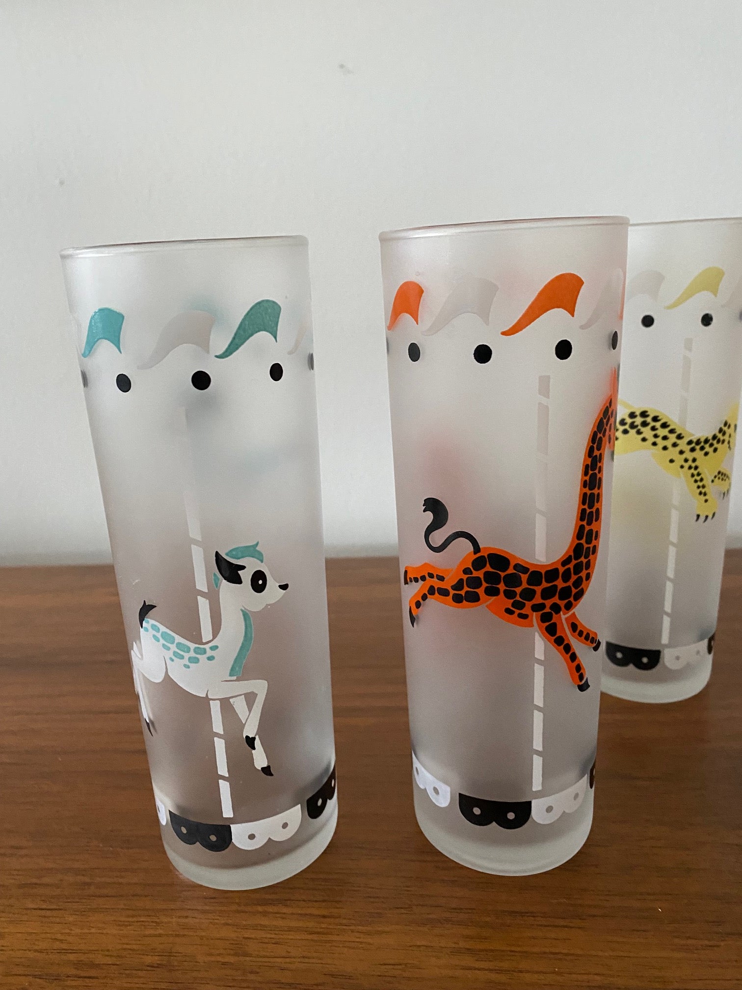 Complete set of 8 vintage Libbey Frosted Carousel Carnival theme Highball - Cook Street Vintage