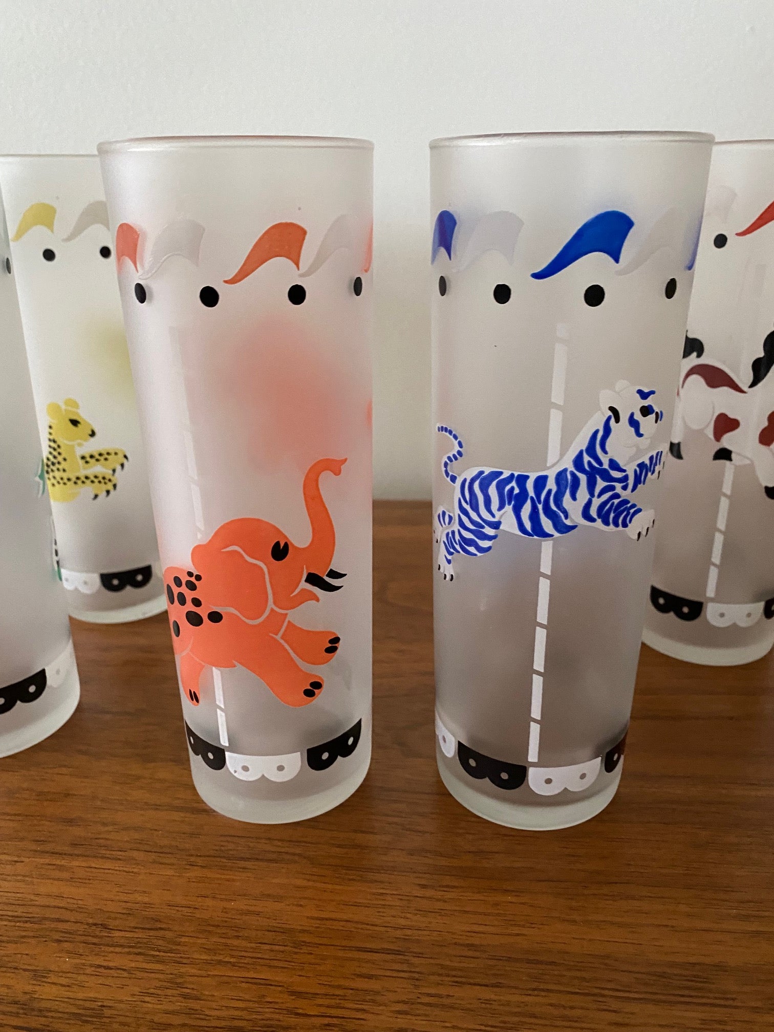 Complete set of 8 vintage Libbey Frosted Carousel Carnival theme Highball - Cook Street Vintage